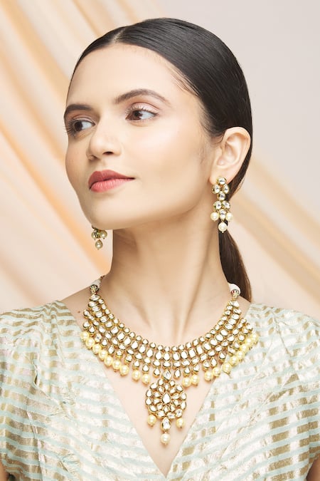 Buy_Vivinia By Vidhi Mehra_Gold Plated Pearls, Diamonds Polki Kundan Choker Set _Online_at_Aza_Fashions