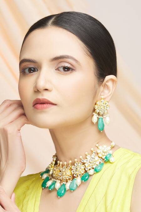 Buy_Vivinia By Vidhi Mehra_Gold Plated Pearls, Stones Kundan Bead Drop Choker Set _Online_at_Aza_Fashions