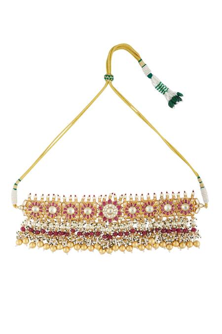 Vivinia By Vidhi Mehra_Gold Plated Pearls, Stones, Gota Patti Kundan Choker Set _Online_at_Aza_Fashions