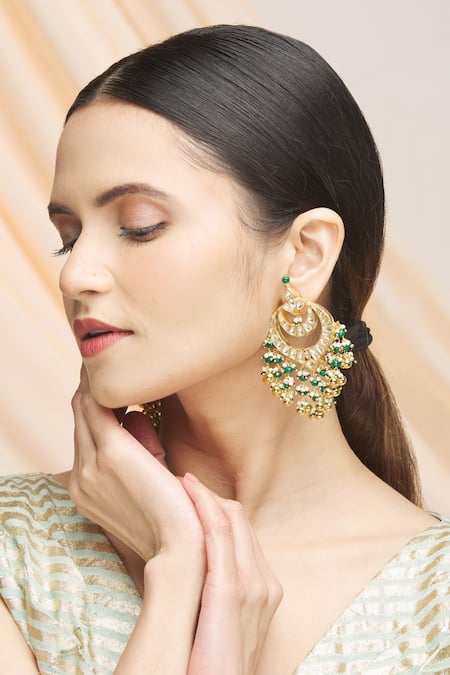 Vivinia By Vidhi Mehra_Gold Plated Pearls, Beads, Zari Kundan Drop Chandbalis _Online_at_Aza_Fashions