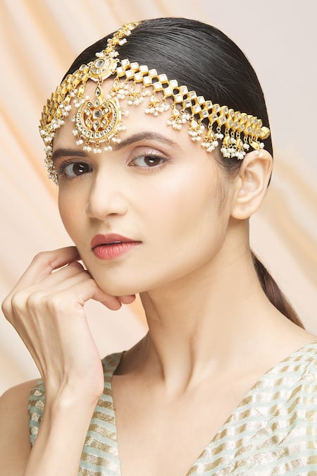 Shop_Vivinia By Vidhi Mehra_Gold Plated Kundan Mathapatti_Online_at_Aza_Fashions