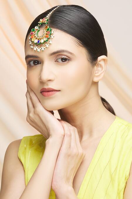 Shop Vivinia By Vidhi Mehra Gold Plated Navrattan Kundan Maangtikka Online at Aza Fashions Shop_Vivinia By Vidhi Mehra_Gold Plated Navrattan Kundan Maangtikka _Online_at_Aza_Fashions