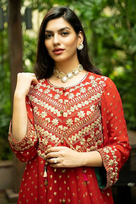 Jyoti Bansal_Red Kurta Lurex Woven Georgette, Pants Crepe Ghungroo, Mirror And Jacket & Set_Online_at_Aza_Fashions