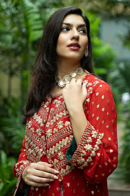 Buy_Jyoti Bansal_Red Kurta Lurex Woven Georgette, Pants Crepe Ghungroo, Mirror And Jacket & Set_Online_at_Aza_Fashions
