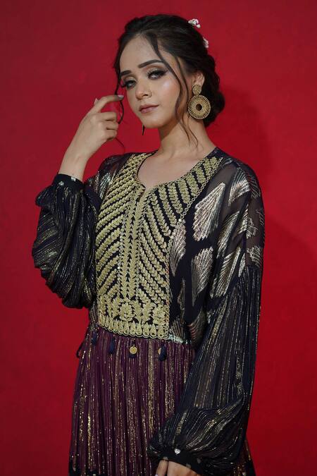 Jyoti Bansal_Blue Lurex Woven Georgette Ghungroo, Mirror And Dori Multi Panel Tiered Dress_Online_at_Aza_Fashions