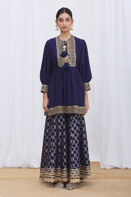 Buy_Gopi Vaid_Blue Peplum Tussar Silk Gharara Brocade Round And Set_Online_at_Aza_Fashions