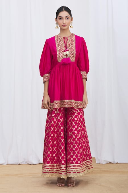 Gopi Vaid Pink Peplum Tussar Silk Gharara Brocade Round And Set Online at Aza Fashions Gopi Vaid_Pink Peplum Tussar Silk Gharara Brocade Round And Set _Online_at_Aza_Fashions