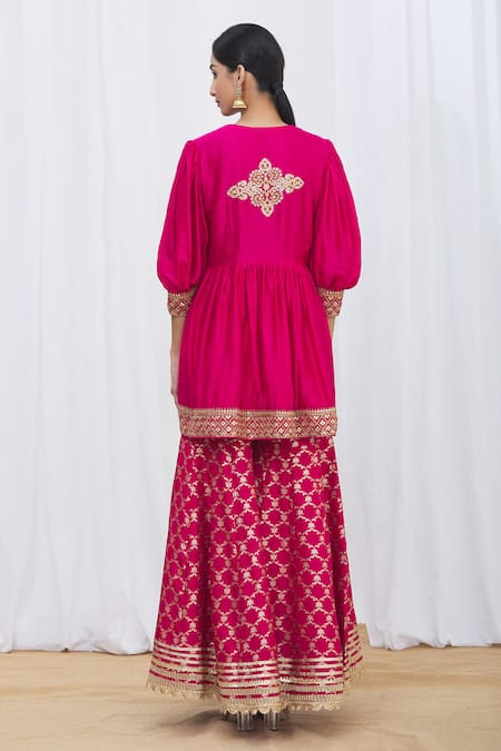 Shop Gopi Vaid Pink Peplum Tussar Silk Gharara Brocade Round And Set at Aza Fashions Shop_Gopi Vaid_Pink Peplum Tussar Silk Gharara Brocade Round And Set _at_Aza_Fashions