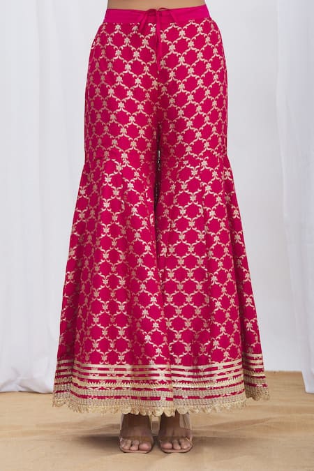 Gopi Vaid Pink Peplum Tussar Silk Gharara Brocade Round And Set at Aza Fashions Gopi Vaid_Pink Peplum Tussar Silk Gharara Brocade Round And Set _at_Aza_Fashions