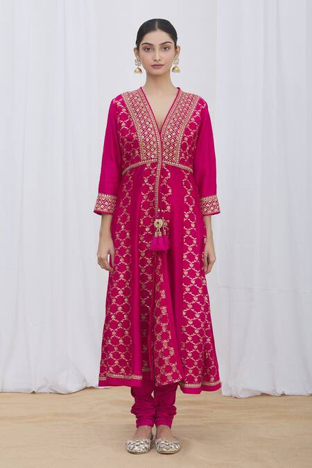 Gopi Vaid_Pink Anarkali Jacket Brocade And Tussar, Churidar Lycra Satin, Dupatta Set _Online_at_Aza_Fashions