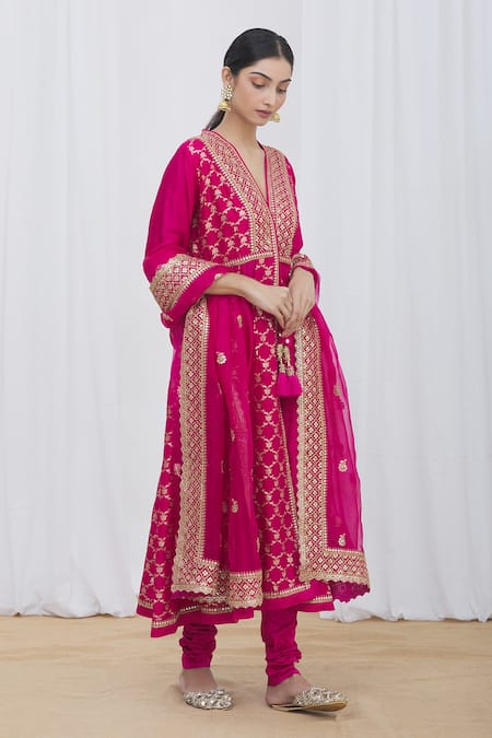 Buy_Gopi Vaid_Pink Anarkali Jacket Brocade And Tussar, Churidar Lycra Satin, Dupatta Set _Online_at_Aza_Fashions