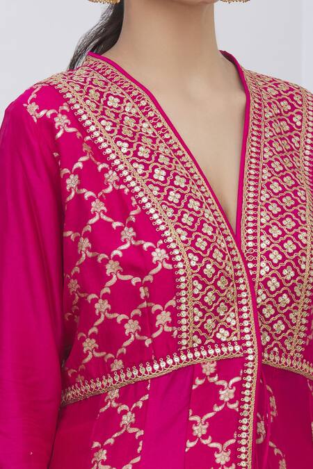 Shop_Gopi Vaid_Pink Anarkali Jacket Brocade And Tussar, Churidar Lycra Satin, Dupatta Set _Online_at_Aza_Fashions