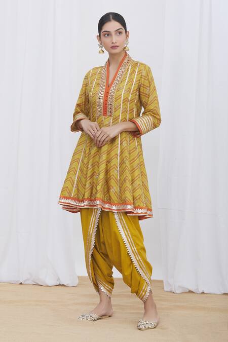 Shop_Gopi Vaid_Yellow Tussar V Neck Printed Anarkali And Dhoti Pant Set_Online_at_Aza_Fashions