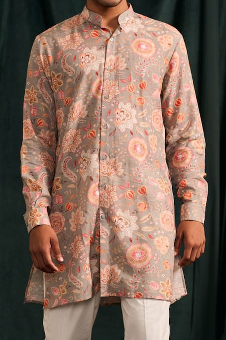 Shop_Project Bandi_Grey Malai Cotton Printed Floral Garden Pattern Kurta Set _Online_at_Aza_Fashions