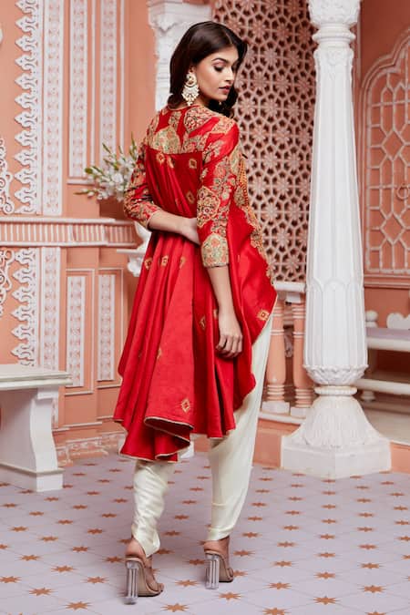 Shop Debyani + CO Red Modal Satin, Chanderi Malmal Mughal Barfi Jacket Tunic And Dhoti Pant Set at Aza Fashions Shop_Debyani + CO_Red Modal Satin, Chanderi Malmal Mughal Barfi Jacket Tunic And Dhoti Pant Set _at_Aza_Fashions