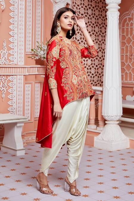 Debyani + CO Red Modal Satin, Chanderi Malmal Mughal Barfi Jacket Tunic And Dhoti Pant Set Online at Aza Fashions Debyani + CO_Red Modal Satin, Chanderi Malmal Mughal Barfi Jacket Tunic And Dhoti Pant Set _Online_at_Aza_Fashions