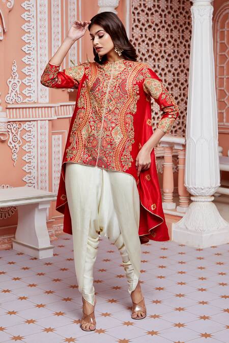 Buy Debyani + CO Red Modal Satin, Chanderi Malmal Mughal Barfi Jacket Tunic And Dhoti Pant Set Online at Aza Fashions Buy_Debyani + CO_Red Modal Satin, Chanderi Malmal Mughal Barfi Jacket Tunic And Dhoti Pant Set _Online_at_Aza_Fashions