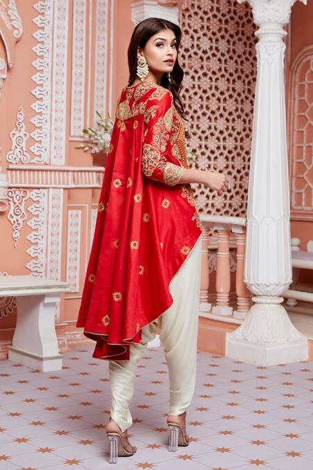 Shop Debyani + CO Red Modal Satin, Chanderi Malmal Mughal Barfi Jacket Tunic And Dhoti Pant Set Online at Aza Fashions Shop_Debyani + CO_Red Modal Satin, Chanderi Malmal Mughal Barfi Jacket Tunic And Dhoti Pant Set _Online_at_Aza_Fashions