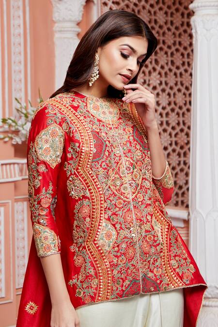 Debyani + CO Red Modal Satin, Chanderi Malmal Mughal Barfi Jacket Tunic And Dhoti Pant Set at Aza Fashions Debyani + CO_Red Modal Satin, Chanderi Malmal Mughal Barfi Jacket Tunic And Dhoti Pant Set _at_Aza_Fashions