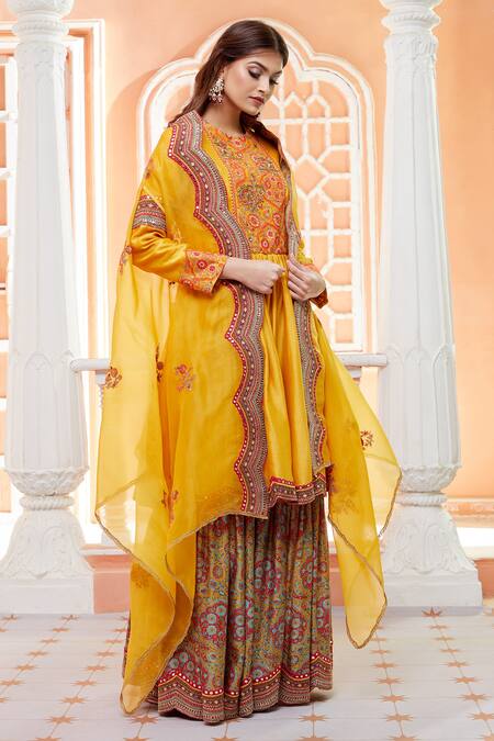 Debyani + CO Yellow Organza, Chanderi Silk Floral, Mughal Peplum Cape And Print Sharara Set Online at Aza Fashions Debyani + CO_Yellow Organza, Chanderi Silk Floral, Mughal Peplum Cape And Print Sharara Set _Online_at_Aza_Fashions
