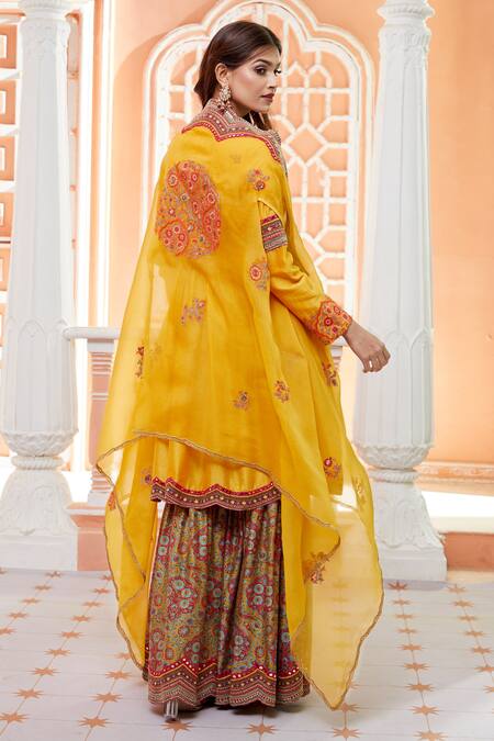 Debyani + CO Yellow Organza, Chanderi Silk Floral, Mughal Peplum Cape And Print Sharara Set at Aza Fashions Debyani + CO_Yellow Organza, Chanderi Silk Floral, Mughal Peplum Cape And Print Sharara Set _at_Aza_Fashions