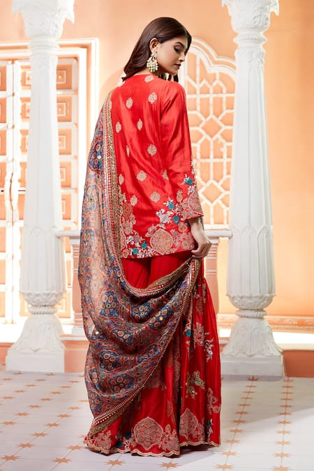 Shop Debyani + CO Red Dupatta- Chanderi, Kurta And Sharara- Bangalore Floral, Mughal Set at Aza Fashions Shop_Debyani + CO_Red Dupatta- Chanderi, Kurta And Sharara- Bangalore Floral, Mughal Set _at_Aza_Fashions