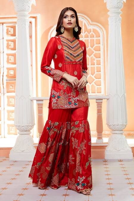 Debyani + CO Red Dupatta- Chanderi, Kurta And Sharara- Bangalore Floral, Mughal Set Online at Aza Fashions Debyani + CO_Red Dupatta- Chanderi, Kurta And Sharara- Bangalore Floral, Mughal Set _Online_at_Aza_Fashions