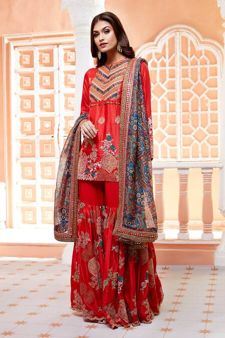 Buy Debyani + CO Red Dupatta- Chanderi, Kurta And Sharara- Bangalore Floral, Mughal Set Online at Aza Fashions Buy_Debyani + CO_Red Dupatta- Chanderi, Kurta And Sharara- Bangalore Floral, Mughal Set _Online_at_Aza_Fashions