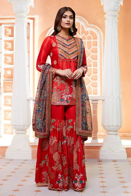 Shop Debyani + CO Red Dupatta- Chanderi, Kurta And Sharara- Bangalore Floral, Mughal Set Online at Aza Fashions Shop_Debyani + CO_Red Dupatta- Chanderi, Kurta And Sharara- Bangalore Floral, Mughal Set _Online_at_Aza_Fashions