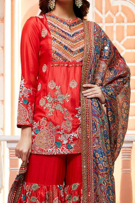 Debyani + CO Red Dupatta- Chanderi, Kurta And Sharara- Bangalore Floral, Mughal Set at Aza Fashions Debyani + CO_Red Dupatta- Chanderi, Kurta And Sharara- Bangalore Floral, Mughal Set _at_Aza_Fashions