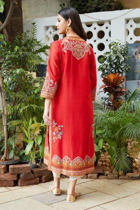 Shop Debyani + CO Red Kurta Silk Chanderi Pant Bangalore Silk Dupatta Embroidered Set at Aza Fashions Shop_Debyani + CO_Red Kurta Silk Chanderi Pant Bangalore Silk Dupatta Embroidered Set _at_Aza_Fashions