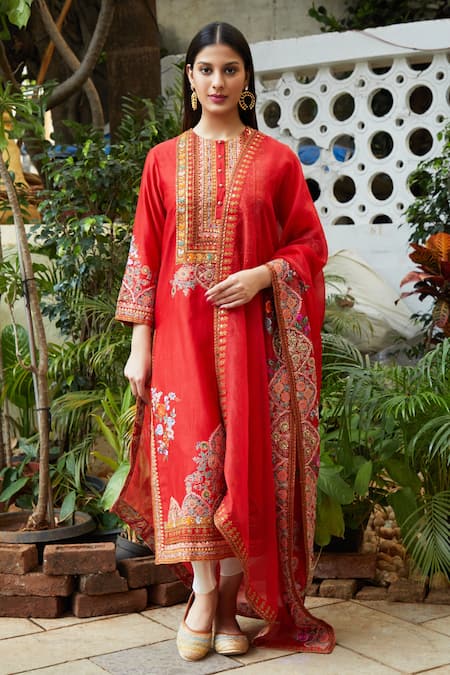 Debyani + Co Red Kurta Silk Chanderi Pant Bangalore Silk Dupatta Organza Set 