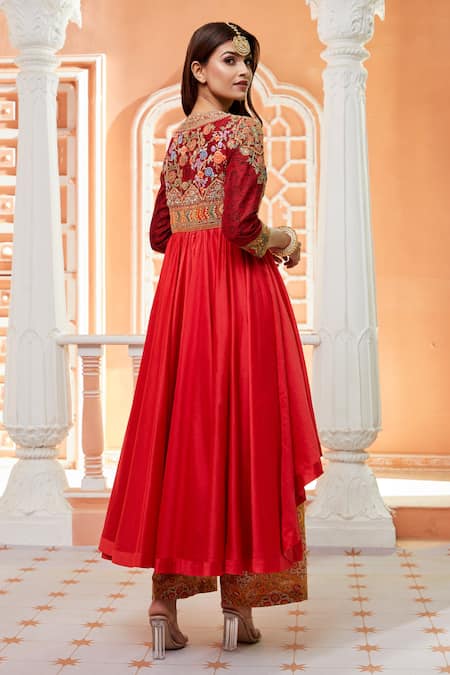 Shop Debyani + CO Red Palazzo-chanderi, Tunic- Silk Chanderi Floral Round And Print Palazzo Set at Aza Fashions Shop_Debyani + CO_Red Palazzo-chanderi, Tunic- Silk Chanderi Floral Round And Print Palazzo Set _at_Aza_Fashions