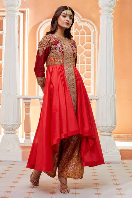Debyani + CO Red Palazzo-chanderi, Tunic- Silk Chanderi Floral Round And Print Palazzo Set Online at Aza Fashions Debyani + CO_Red Palazzo-chanderi, Tunic- Silk Chanderi Floral Round And Print Palazzo Set _Online_at_Aza_Fashions