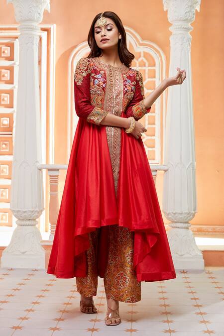 Buy Debyani + CO Red Palazzo-chanderi, Tunic- Silk Chanderi Floral Round And Print Palazzo Set Online at Aza Fashions Buy_Debyani + CO_Red Palazzo-chanderi, Tunic- Silk Chanderi Floral Round And Print Palazzo Set _Online_at_Aza_Fashions