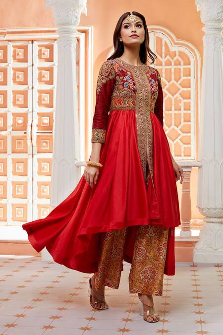 Shop Debyani + CO Red Palazzo-chanderi, Tunic- Silk Chanderi Floral Round And Print Palazzo Set Online at Aza Fashions Shop_Debyani + CO_Red Palazzo-chanderi, Tunic- Silk Chanderi Floral Round And Print Palazzo Set _Online_at_Aza_Fashions