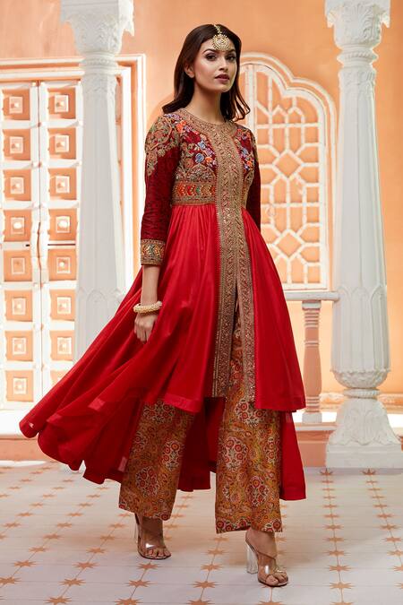 Debyani + CO Red Palazzo-chanderi, Tunic- Silk Chanderi Floral Round And Print Palazzo Set at Aza Fashions Debyani + CO_Red Palazzo-chanderi, Tunic- Silk Chanderi Floral Round And Print Palazzo Set _at_Aza_Fashions