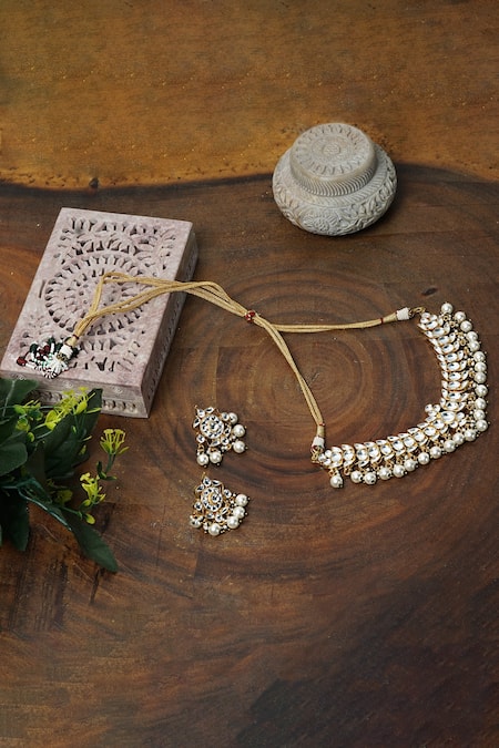 Shop_Namasya_Gold Plated Beads, Diamonds Kundan Necklace Set _at_Aza_Fashions