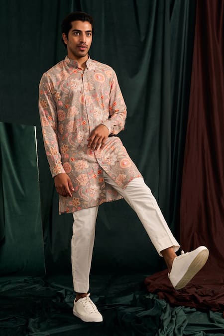 Project Bandi_Grey Malai Cotton Printed Floral Garden Pattern Kurta Set _at_Aza_Fashions