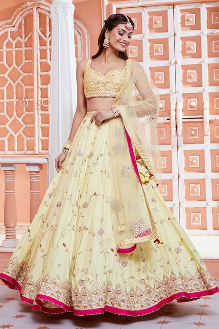 Buy Yellow Blouse: Linen Cotton; Lehenga: Chanderi And Dupatta: & Set For  Women by Nadima Saqib Online at Aza Fashions.