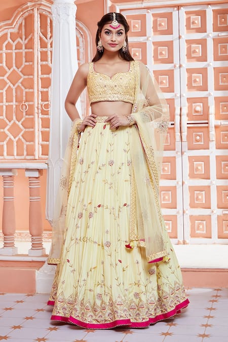 Aariyana Couture_Yellow Cotton, Silk, Net Embroidery, Gota Patti Sweetheart Bridal Lehenga Set_Online_at_Aza_Fashions