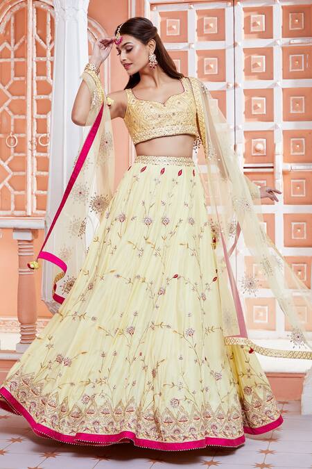 Buy_Aariyana Couture_Yellow Cotton, Silk, Net Embroidery, Gota Patti Sweetheart Bridal Lehenga Set_Online_at_Aza_Fashions