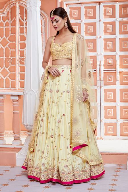 Shop_Aariyana Couture_Yellow Cotton, Silk, Net Embroidery, Gota Patti Sweetheart Bridal Lehenga Set_Online_at_Aza_Fashions