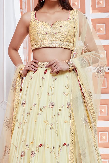 Aariyana Couture_Yellow Cotton, Silk, Net Embroidery, Gota Patti Sweetheart Bridal Lehenga Set_at_Aza_Fashions