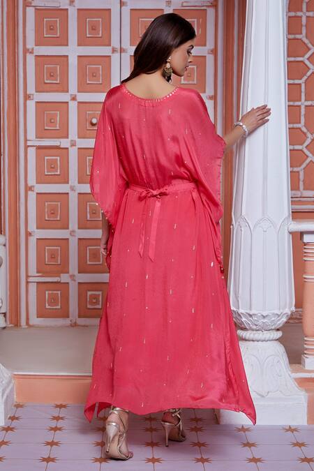 Shop_Aariyana Couture_Peach Modal, Satin, Chiffon Tassels V-neck Sequin Embroidered Kaftan_at_Aza_Fashions