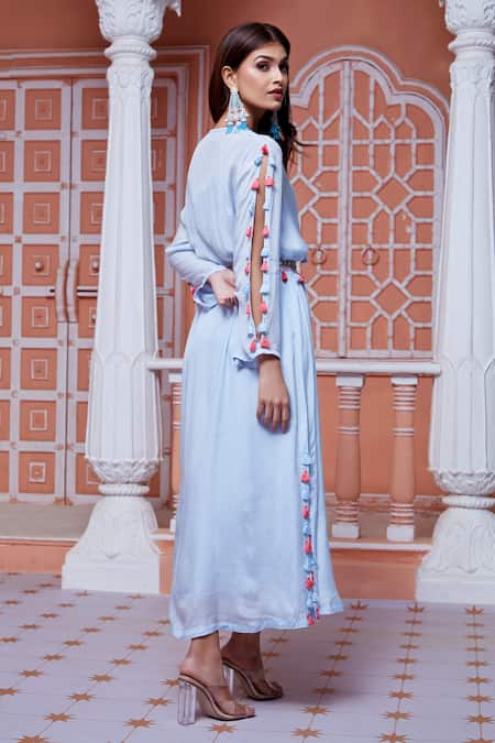 Aariyana Couture Blue Modal, Satin Embroidery, Tassels Collared Embellished Kaftan With Belt Online at Aza Fashions Aariyana Couture_Blue Modal, Satin Embroidery, Tassels Collared Embellished Kaftan With Belt _Online_at_Aza_Fashions