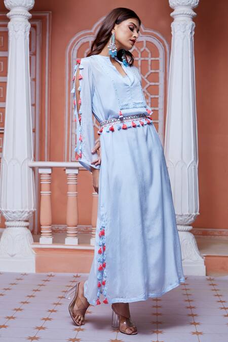 Buy Aariyana Couture Blue Modal, Satin Embroidery, Tassels Collared Embellished Kaftan With Belt Online at Aza Fashions Buy_Aariyana Couture_Blue Modal, Satin Embroidery, Tassels Collared Embellished Kaftan With Belt _Online_at_Aza_Fashions