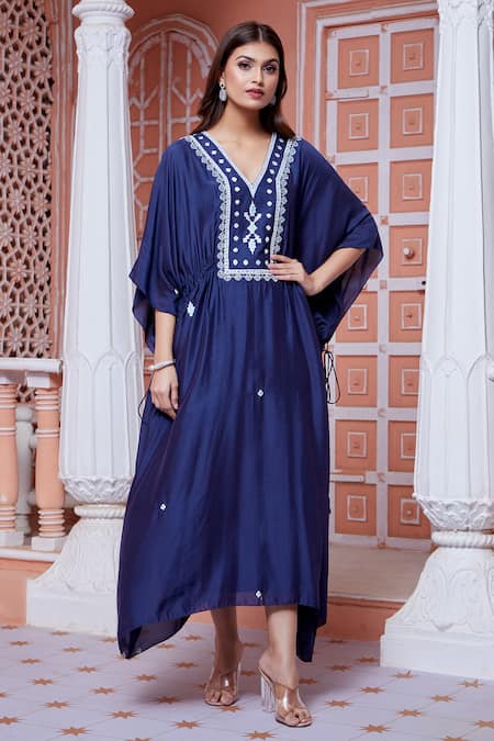 Ariyana By Aza_Blue Cotton, Silk Sequins, Embroidery V-neck Kaftan _Online_at_Aza_Fashions