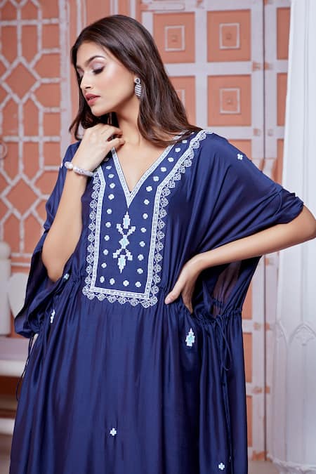 Ariyana By Aza_Blue Cotton, Silk Sequins, Embroidery V-neck Kaftan _at_Aza_Fashions