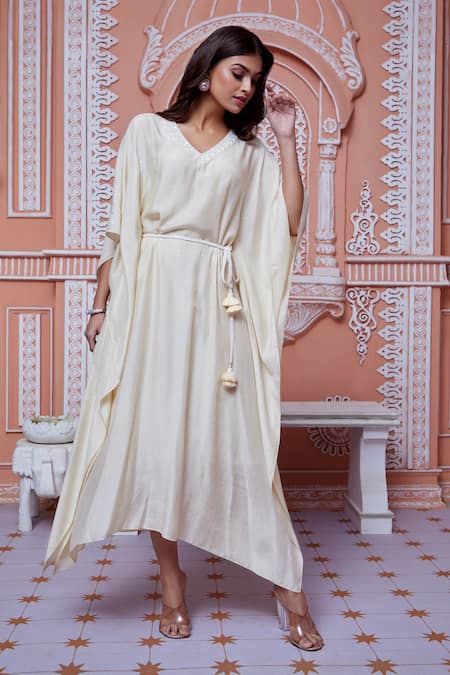 Shop_Ariyana By Aza_Beige Cotton, Silk Cut Work, Embroidery V-neck Sequins Embellished Kaftan _Online_at_Aza_Fashions